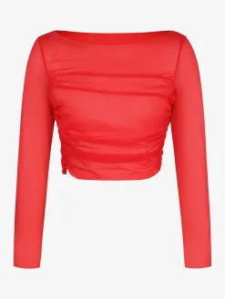 Long Sleeve Ruched Sheer Mesh Crop Top