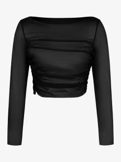 Long Sleeve Ruched Sheer Mesh Crop Top