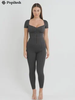 Shapewear Denim Short Sleeve Zip Front Butt Lift Jumpsuit