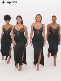 Shapewear Lace V Neck Side Slit Slimming Maxi Slip Dress
