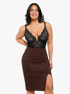 Shapewear Long Sleeve Sculpting Bodysuit Leather Midi Skirt Set