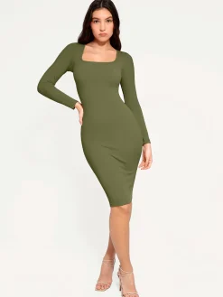Shapewear Long Sleeve Square Neck Modal Slimming Midi Dress