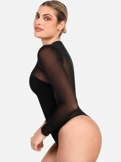 Shapewear Mock Neck Long Sleeve Floral Lace Bodysuit