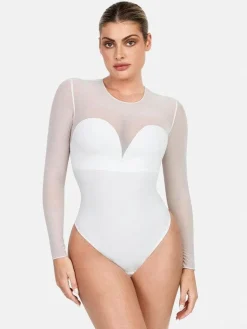 Shapewear Mock Neck Long Sleeve Floral Lace Bodysuit
