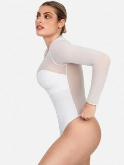 Shapewear Mock Neck Long Sleeve Floral Lace Bodysuit