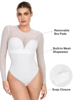 Shapewear Mock Neck Long Sleeve Floral Lace Bodysuit