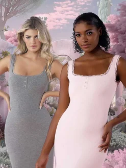 Shapewear Modal Slimming Lace Trim Henley Tank Maxi Dress