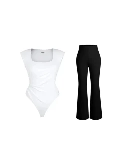 Shapewear Padded Shoulder Slimming Bodysuit Flare-Leg Pants Set