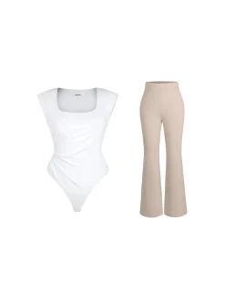 Shapewear Padded Shoulder Slimming Bodysuit Flare-Leg Pants Set
