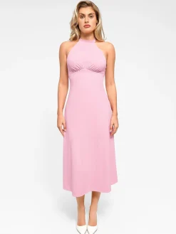 Shapewear Sculpting Backless Halter A-Line Midi Dress