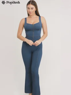 Shapewear Sculpting Denim Tank Flare Leg Jumpsuit