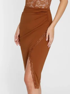 Shapewear Sculpting Lace Trim Bodysuit Midi Wrap Skirt Set