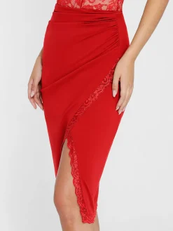 Shapewear Sculpting Lace Trim Bodysuit Midi Wrap Skirt Set